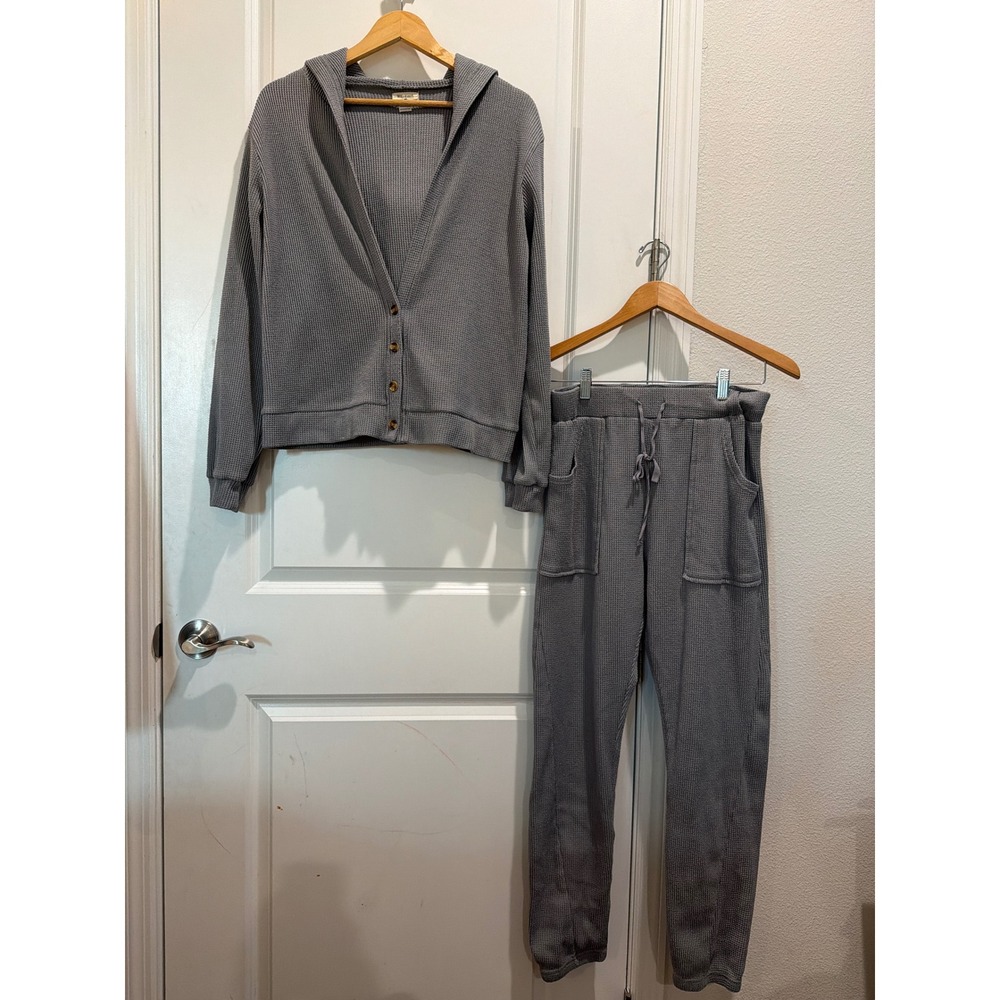 World Market Grey Waffle Knit 2 Piece Loungewear Set Hoodie Joggers SM OS
